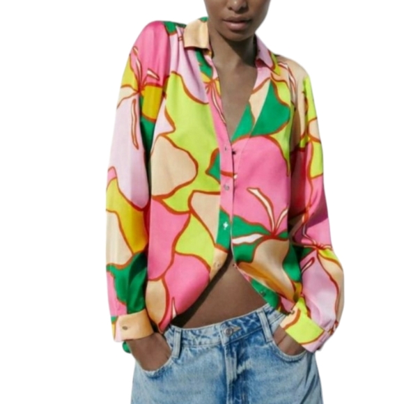 Zara Tops - Zara pink print Satin look shirt size XS